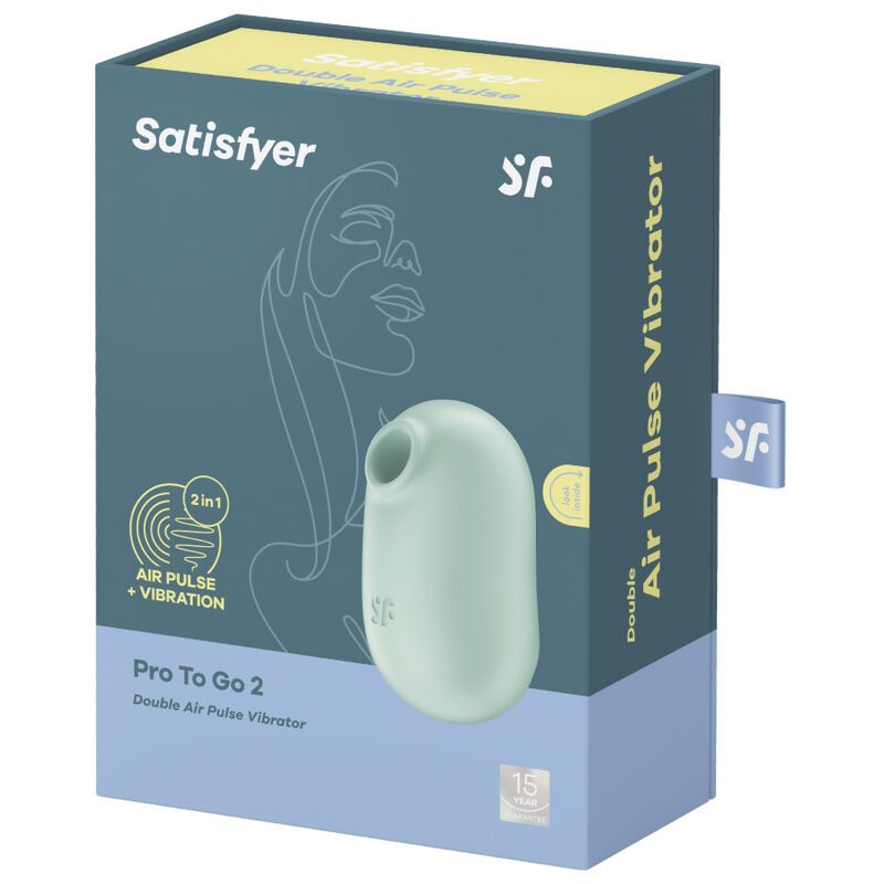 Verpackung des Satisfyer Pro To Go 2, zeigt den mintgrünen Vibrator und Produktmerkmale.