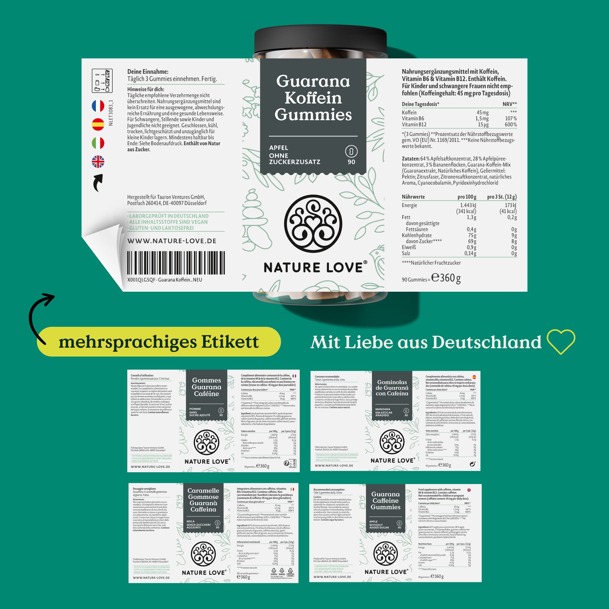 Produktetikett mit Informationen. Mehrsprachiges Etikett. Vier Etiketten mit "Guarana Koffein Gummies" und Logo. "Mit Liebe aus Deutschland".