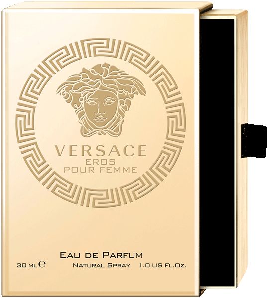 Goldfarbene Verpackung mit Flakon-Motiv und Aufschrift: Versace Eros Pour Femme Eau de Parfum. 30 ml.