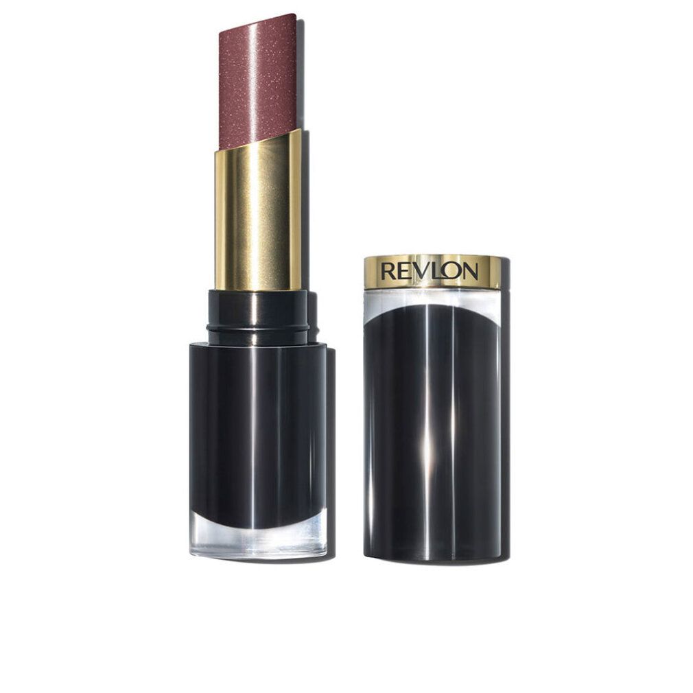 Lippenstift mit schwarzem Gehäuse und goldener Hülse. Der Lippenstift ist teilweise ausgefahren. Auf dem Deckel steht "REVLON".