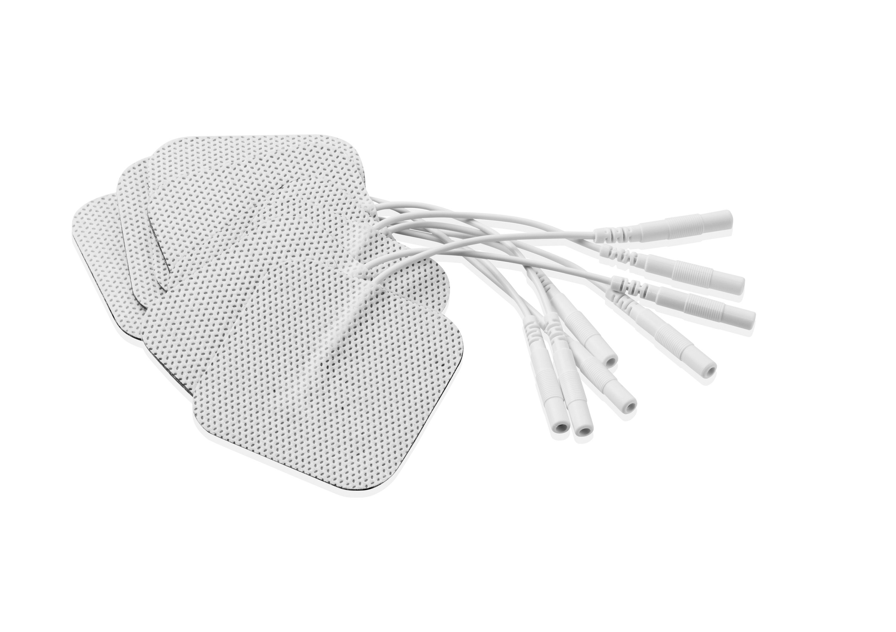 Mehrere quadratische Ersatzpads mit Kabeln und Steckern. Stapel von weißen Pads.