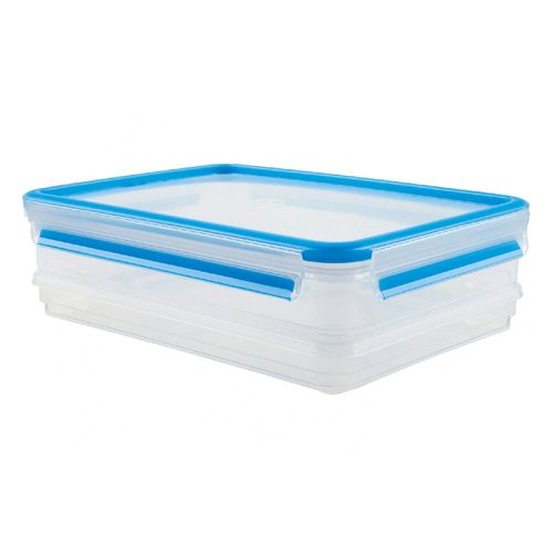 Transparente Frischhaltedose mit blauem Deckel und Verschlüssen. Rechteckige Form, stapelbar.