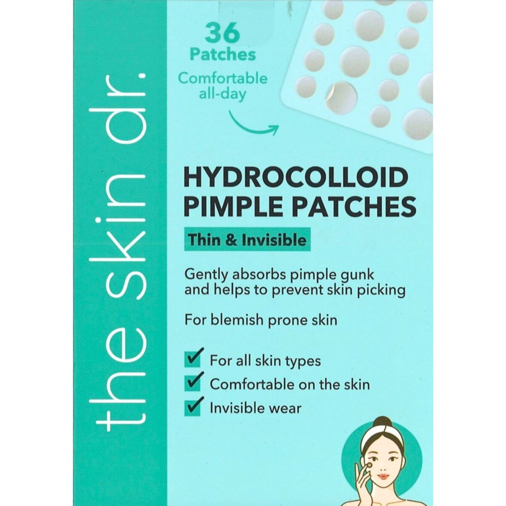 Verpackung mit 36 Hydrokolloid-Pickel-Pflastern. Text: 'the skin dr.' und 'Hydrocolloid Pimple Patches'.