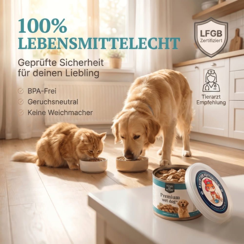 Hund und Katze essen aus Schalen. Aufschrift: 100% LEBENSMITTELECHT. BPA-frei, geruchsneutral, keine Weichmacher. LFGB zertifiziert.