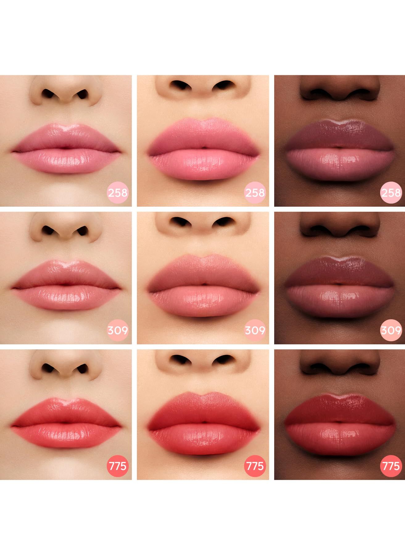 Drei Reihen von Lippen, jede mit drei verschiedenen Farbtönen. Farbnummern sind auf jeder Lippe angegeben.