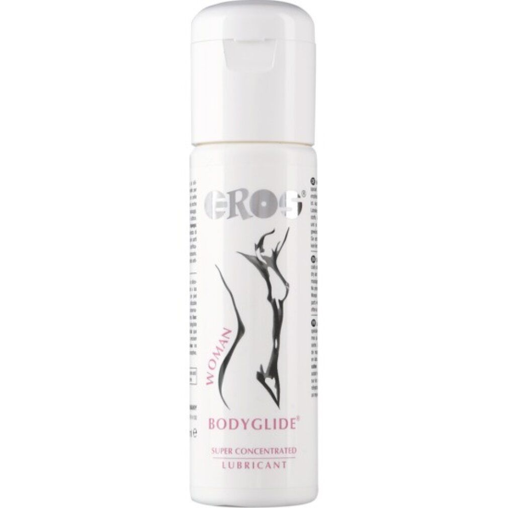 Weiße Flasche mit Klappverschluss. Aufschrift: EROS, BODYGLIDE, WOMAN, Abbildung einer Frau. Produktname und weitere Informationen.