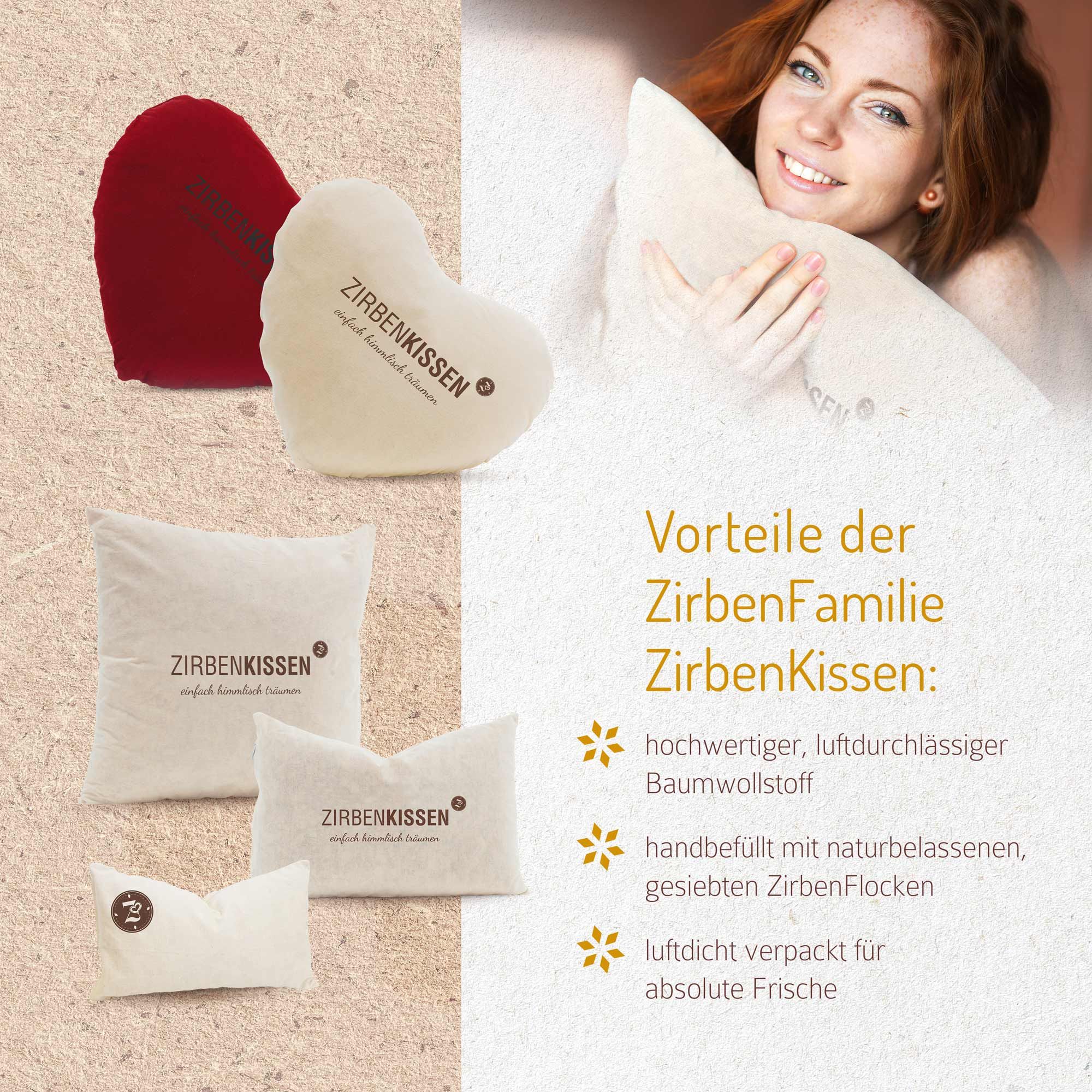 Verschiedene ZirbenKissen-Formen. Text: Vorteile der ZirbenFamilie ZirbenKissen.