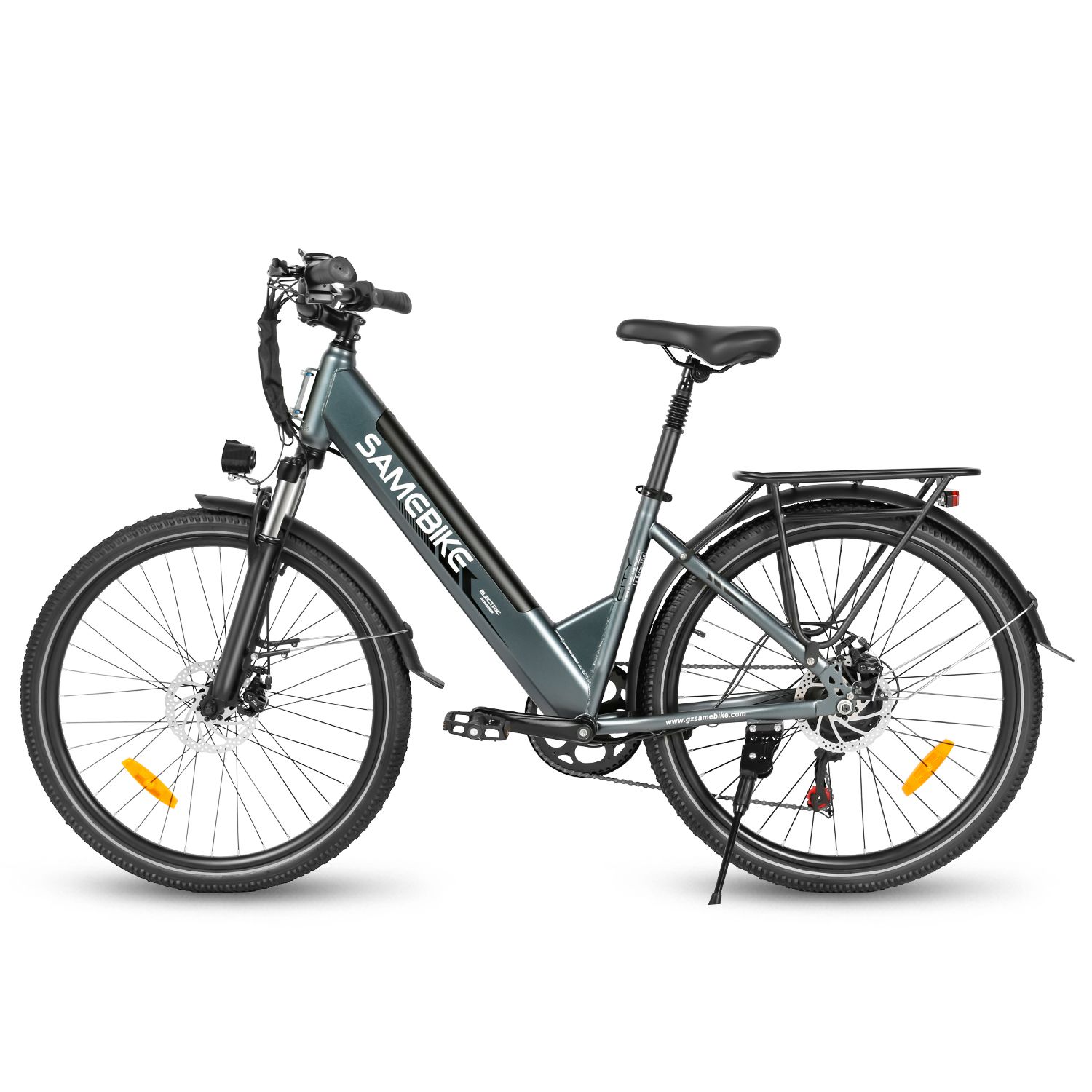 SAMEBIKE RS-A01 Pro-T Elektrofahrrad, grau. Schwarze Reifen, Sattel, Lenker. Gepäckträger. Seitenansicht.