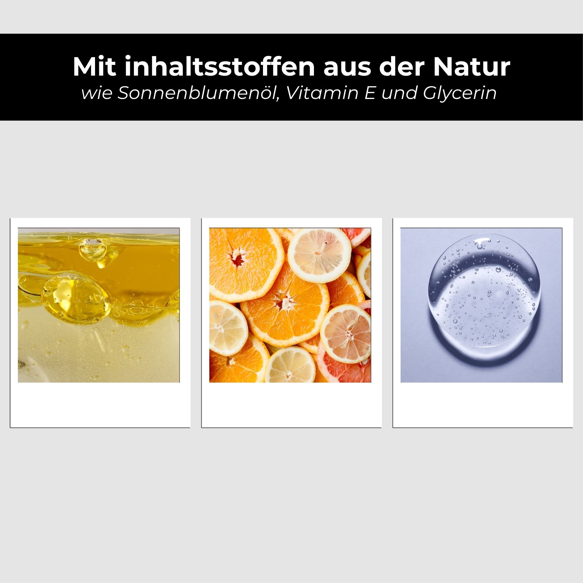 Drei quadratische Bilder. Öl, Zitrusfrüchte und eine klare Flüssigkeit mit Blasen.