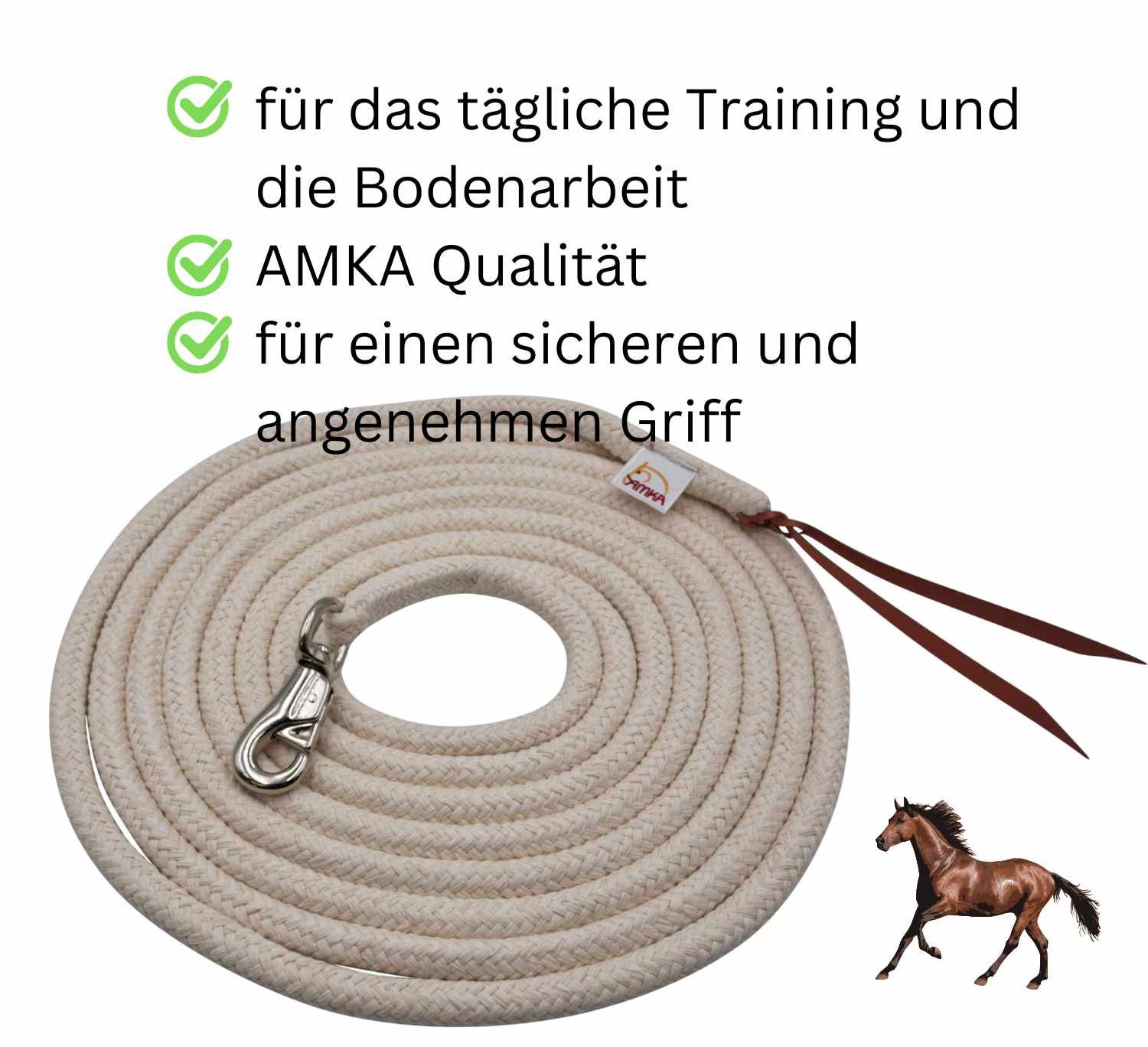 Geflochtenes Seil, cremefarben, mit Karabinerhaken und Lederriemen. Text: AMKA Qualität.