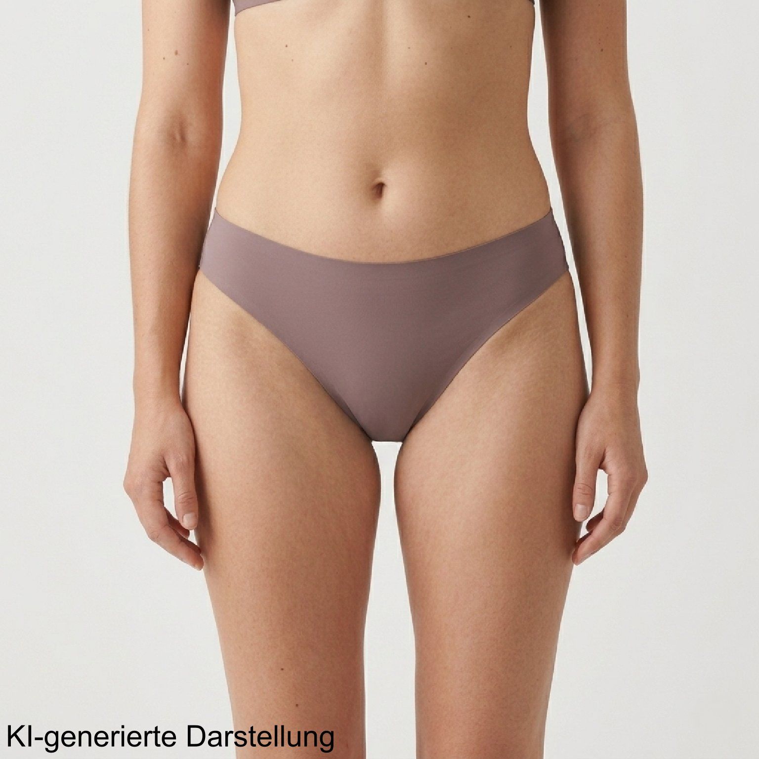 Periodenunterhose, Vorderansicht. Braun-grauer Slip mit hohem Beinausschnitt.