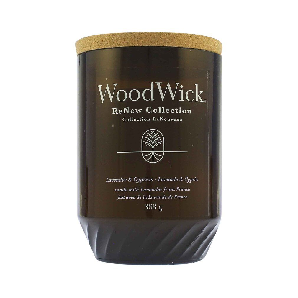 Braune Glas-Kerze mit Korkdeckel. Aufschrift: WoodWick ReNew Collection. Text: Lavendel & Zypresse, 368 g.