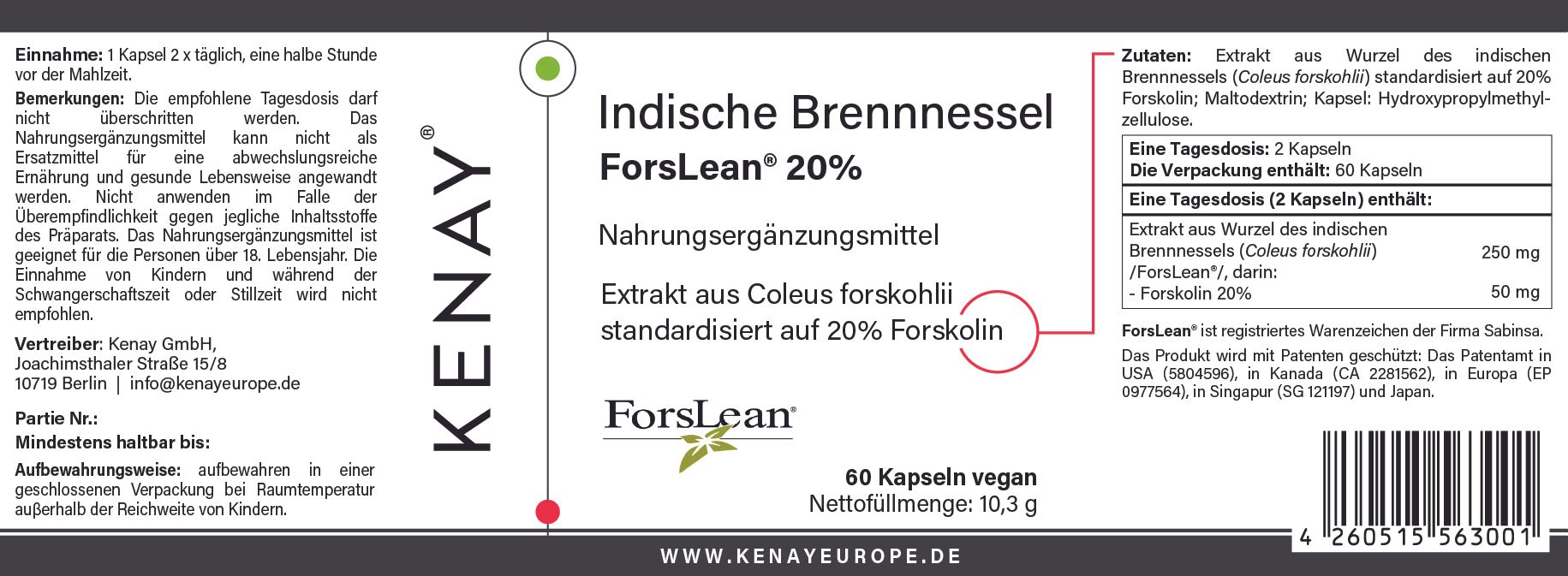 Etikett mit Produktinformationen: Indische Brennnessel ForsLean® 20%, Marke KENAY®, Inhaltsstoffe, Dosierung und Hersteller.