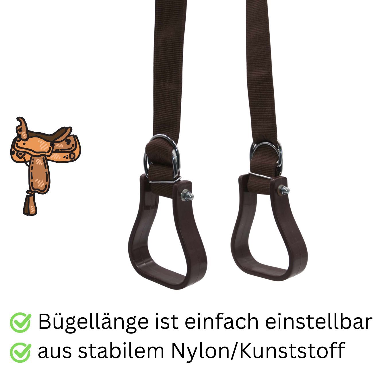 Zwei braune Steigbügel mit braunen Riemen. Bügellänge einstellbar, aus Nylon/Kunststoff.