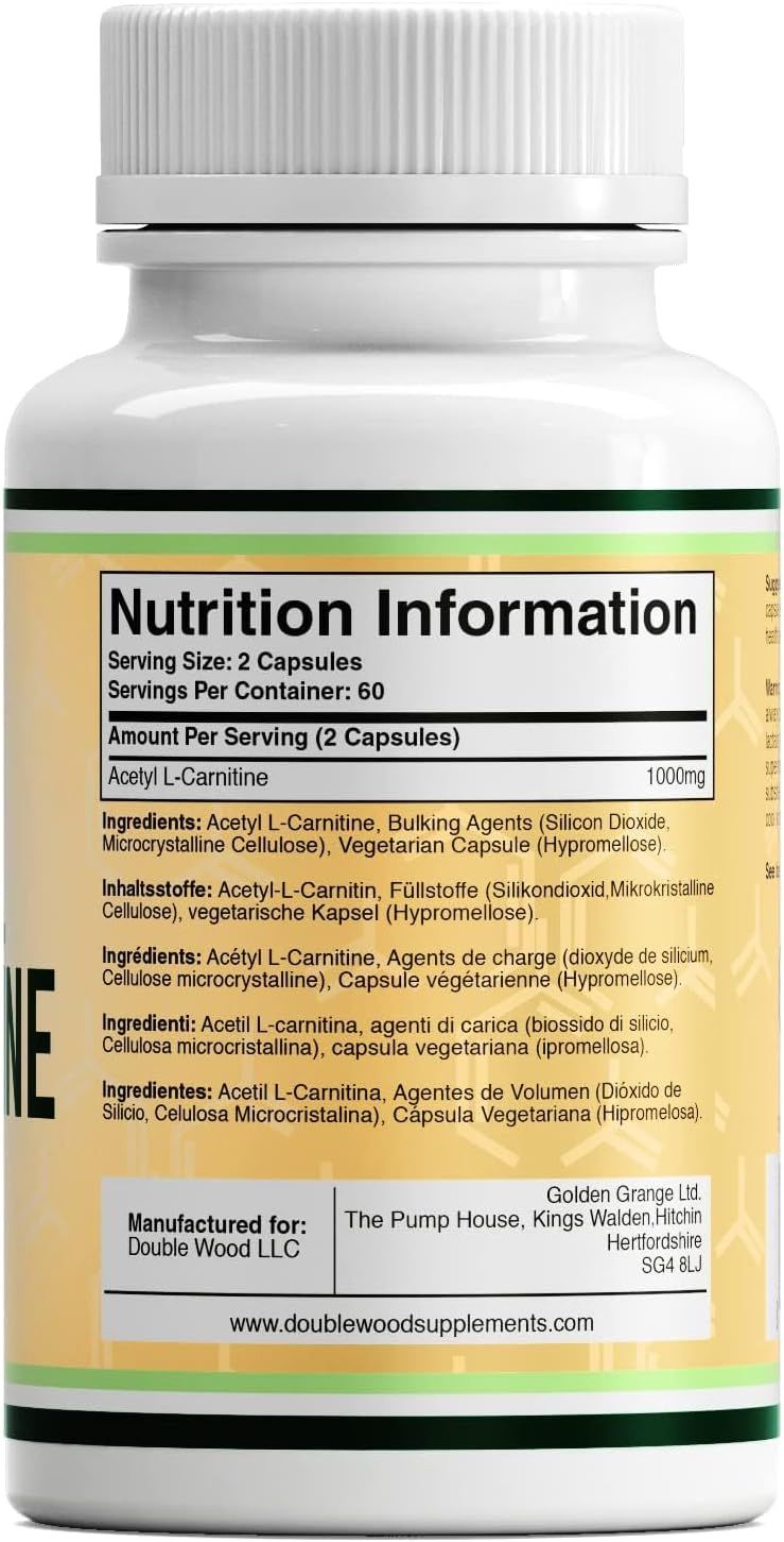 Flasche mit Acetyl L-Carnitin Kapseln, 120 Stück, 1000 mg pro Portion.