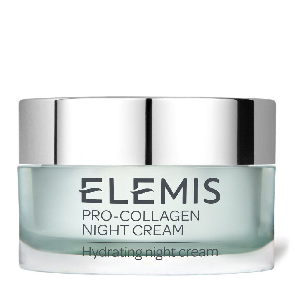 Glasbehälter mit silbernem Deckel. Aufschrift: Elemis Pro-Collagen Night Cream. Untertitel: Hydrating night cream.