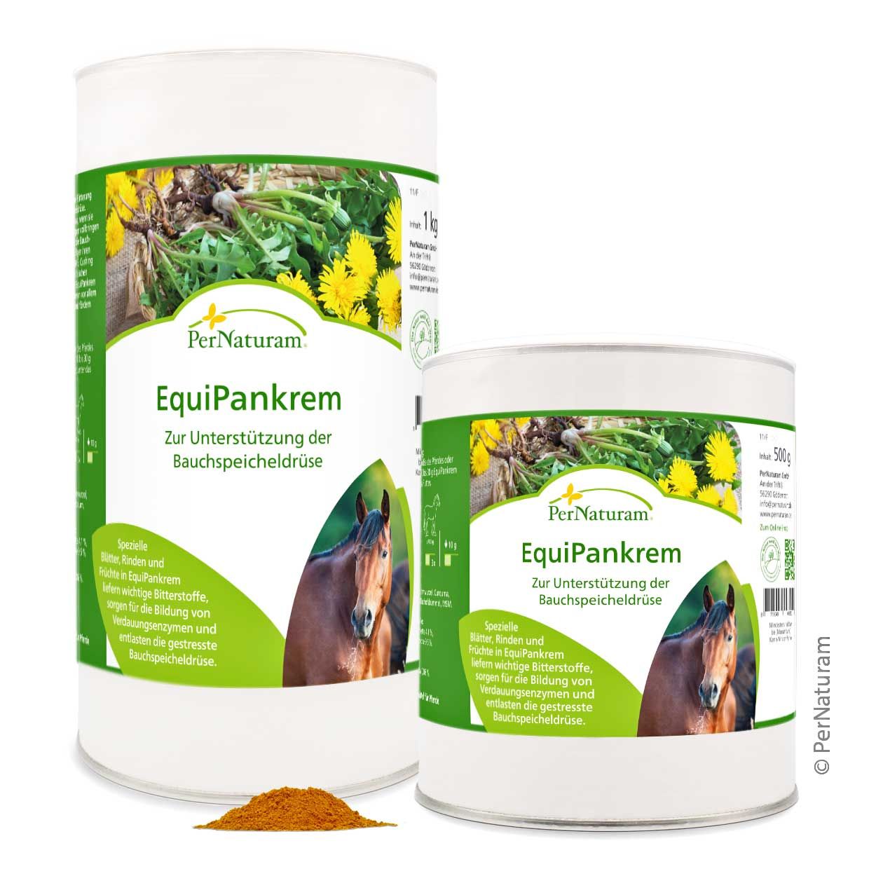 Große Dose PerNaturam EquiPankrem, 1kg. Mit Bild von Pferd und Löwenzahn.