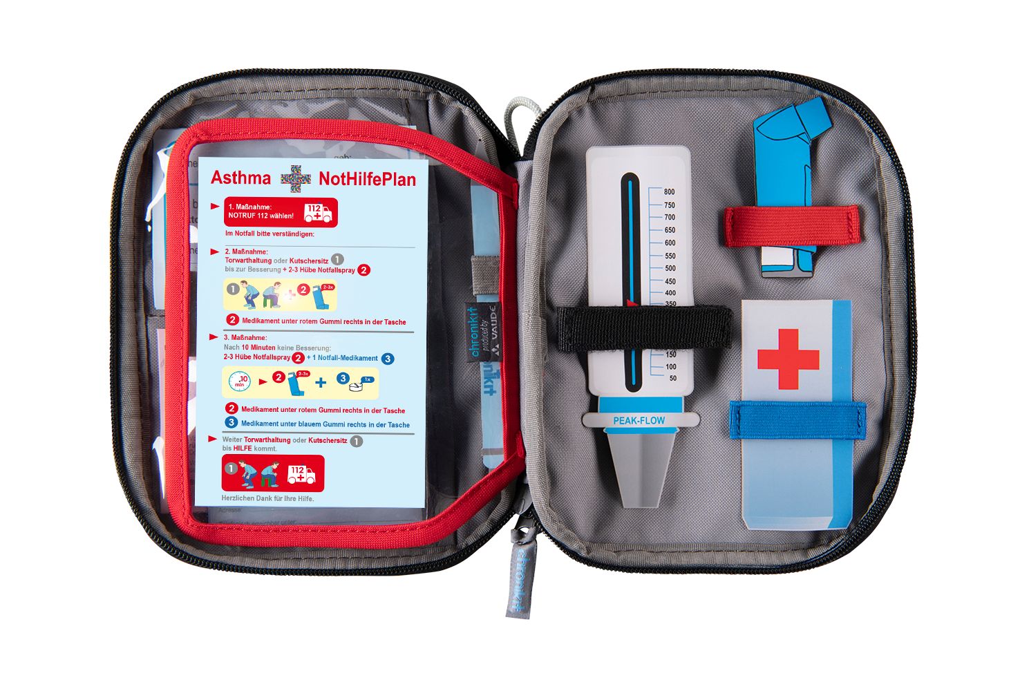 Geöffnete Notfalltasche mit Notfallplan, Peak-Flow-Meter und Inhalator. Enthält medizinische Geräte.