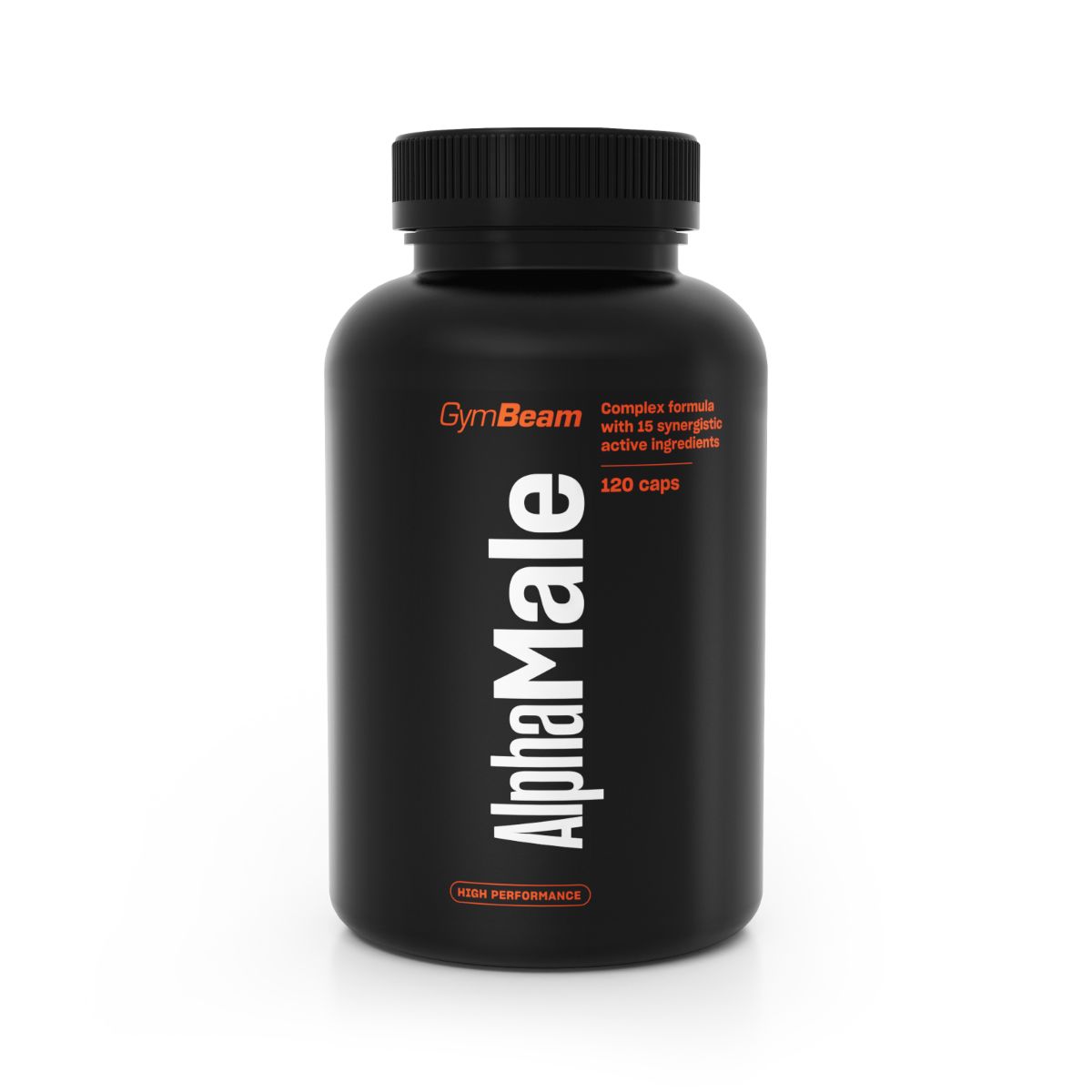 Schwarze Dose mit GymBeam AlphaMale Schriftzug und Informationen zu Inhaltsstoffen und Kapselanzahl.