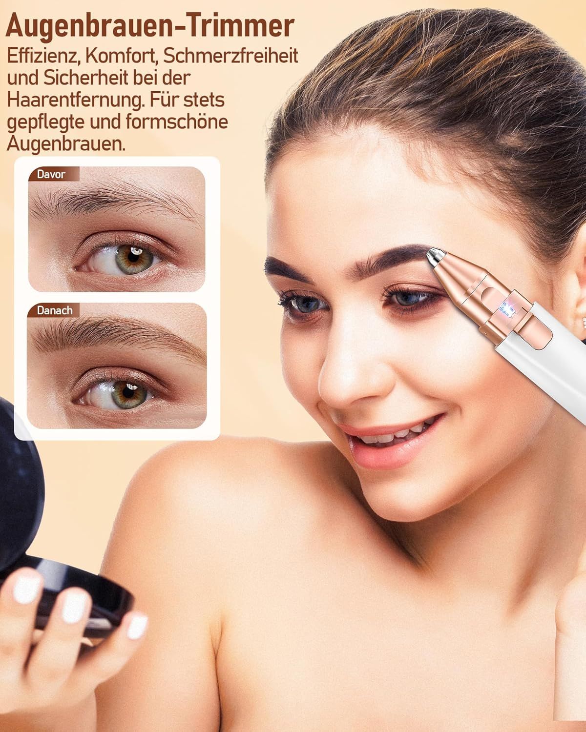 Augenbrauen-Trimmer. Weißes Gerät mit goldfarbenen Akzenten. Frau mit dem Gerät am Auge. Vorher-Nachher-Vergleich der Augenbrauen.