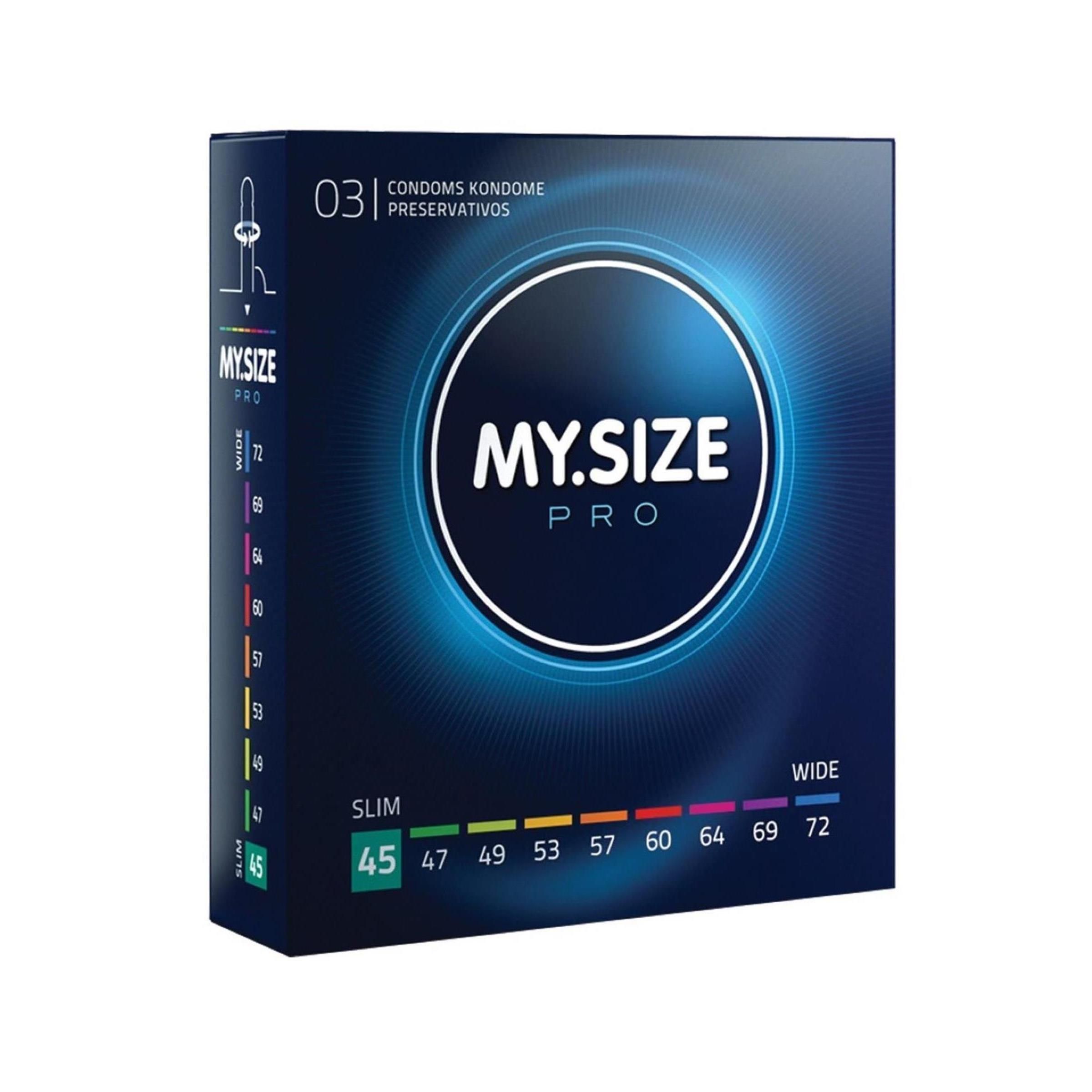 Verpackung mit Kondomen. Aufschrift MY.SIZE PRO, Größe 45mm. Farbige Größenangaben von 45 bis 72mm.