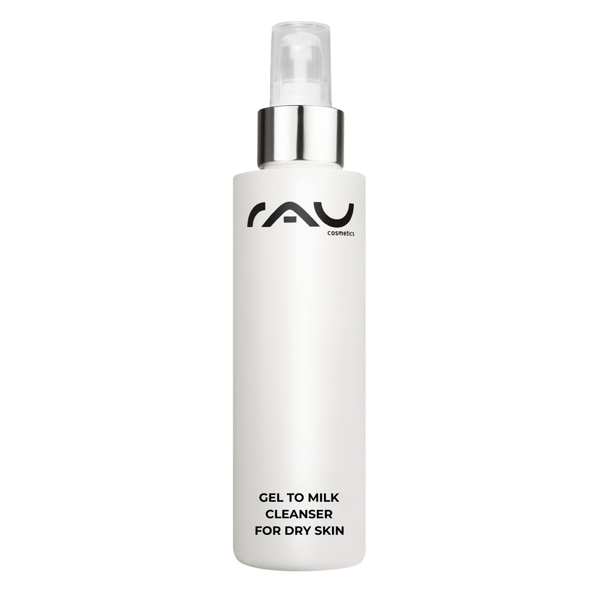 Weiße Flasche mit Sprühkopf. Schwarzer Schriftzug: RAU Cosmetics. Text: Gel to Milk Cleanser for Dry Skin.