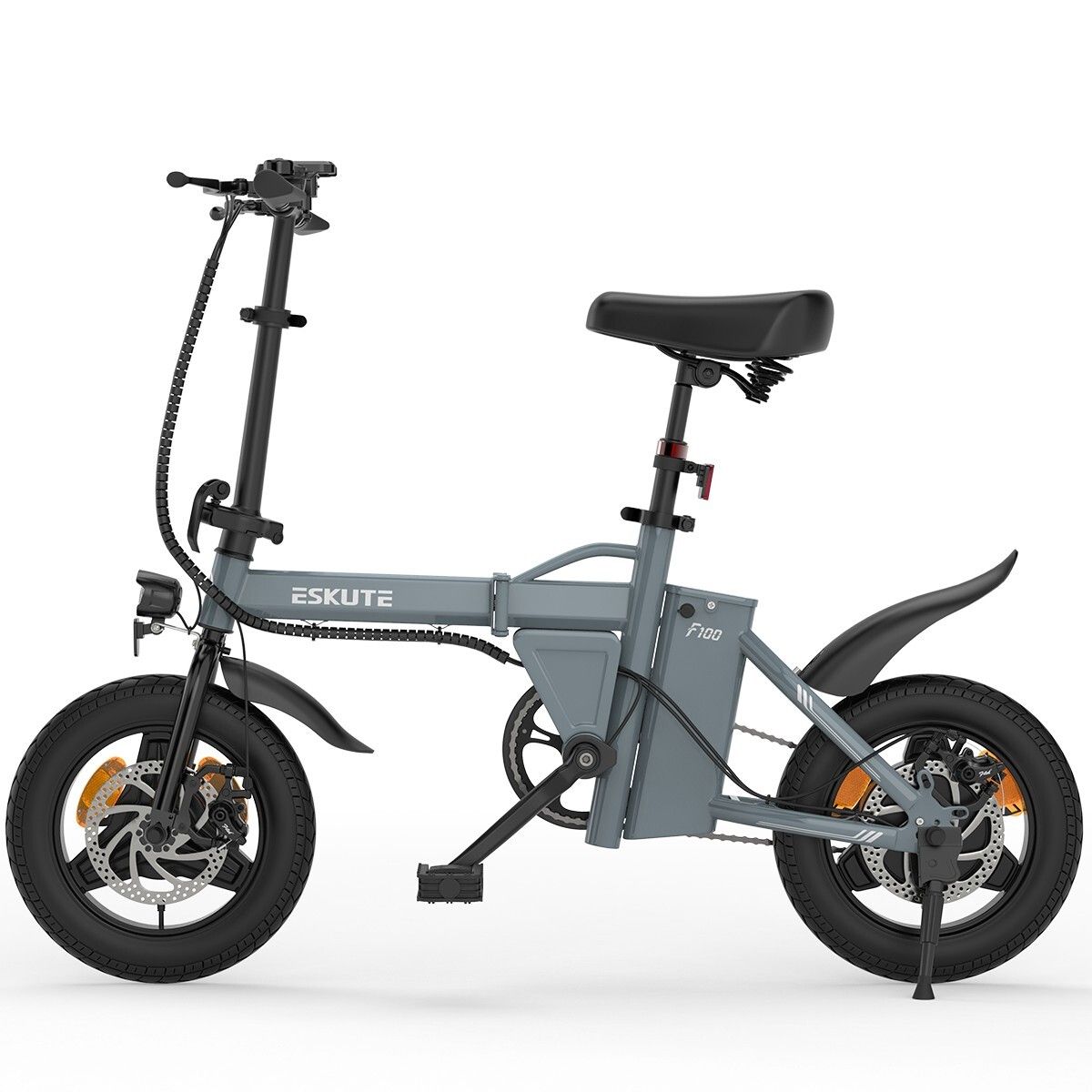 Graues, zusammenklappbares E-Bike. Schwarze Reifen, Sattel und Lenker. Marke ESKUTE, Modell F100.