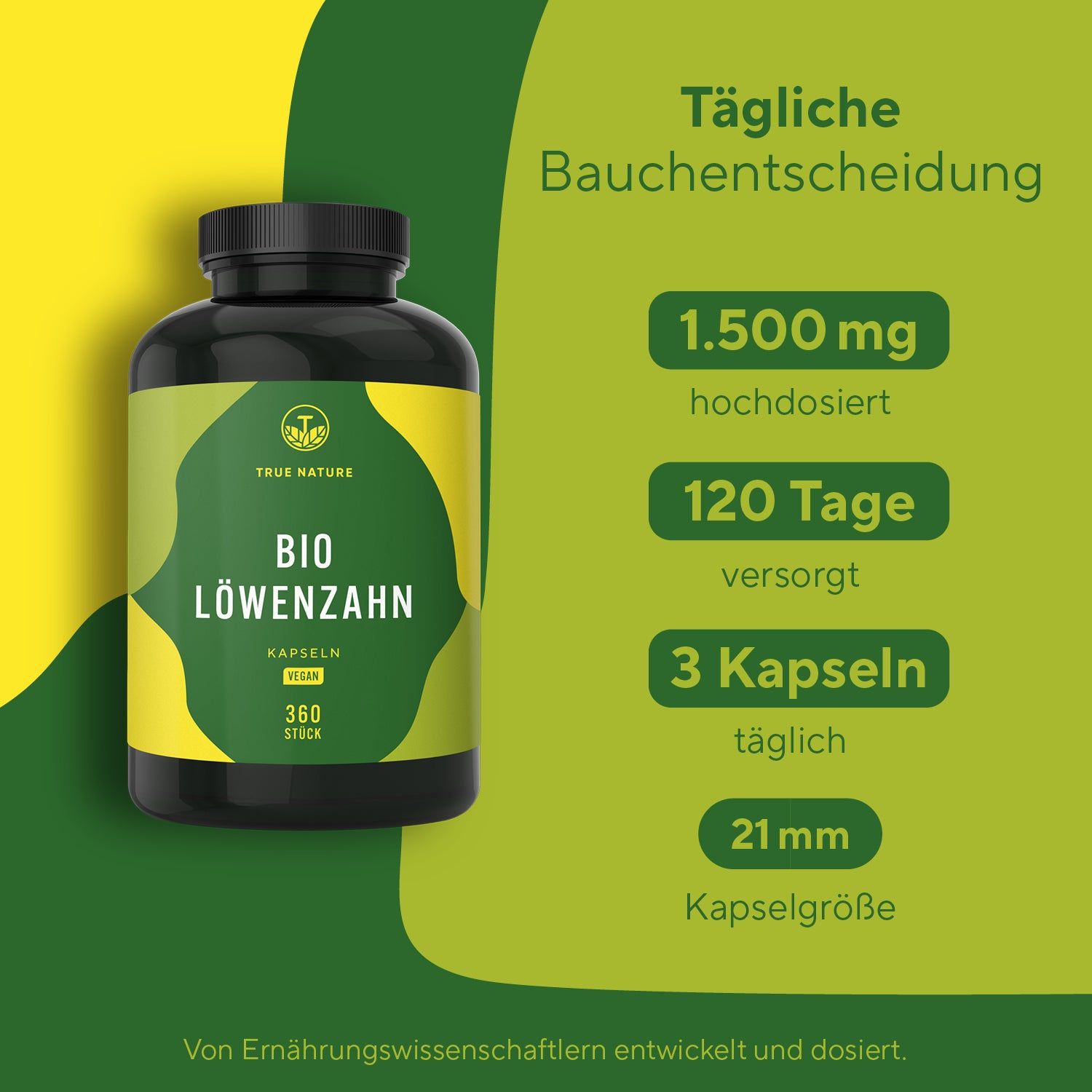 Dunkle Flasche mit Kapseln. Aufschrift: BIO Löwenzahn Kapseln. Angaben: 1.500 mg, 120 Tage, 3 Kapseln täglich, 21 mm.
