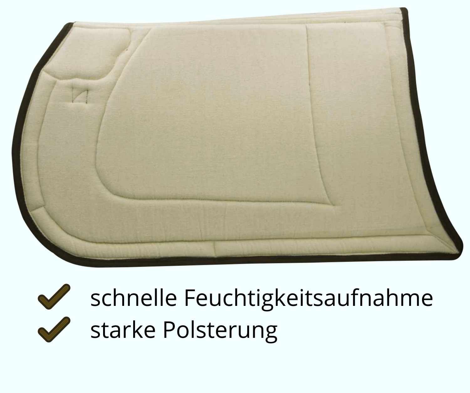 Beige Schabracke mit brauner Einfassung. Rechteckige Form mit abgerundeten Ecken. Starke Polsterung.