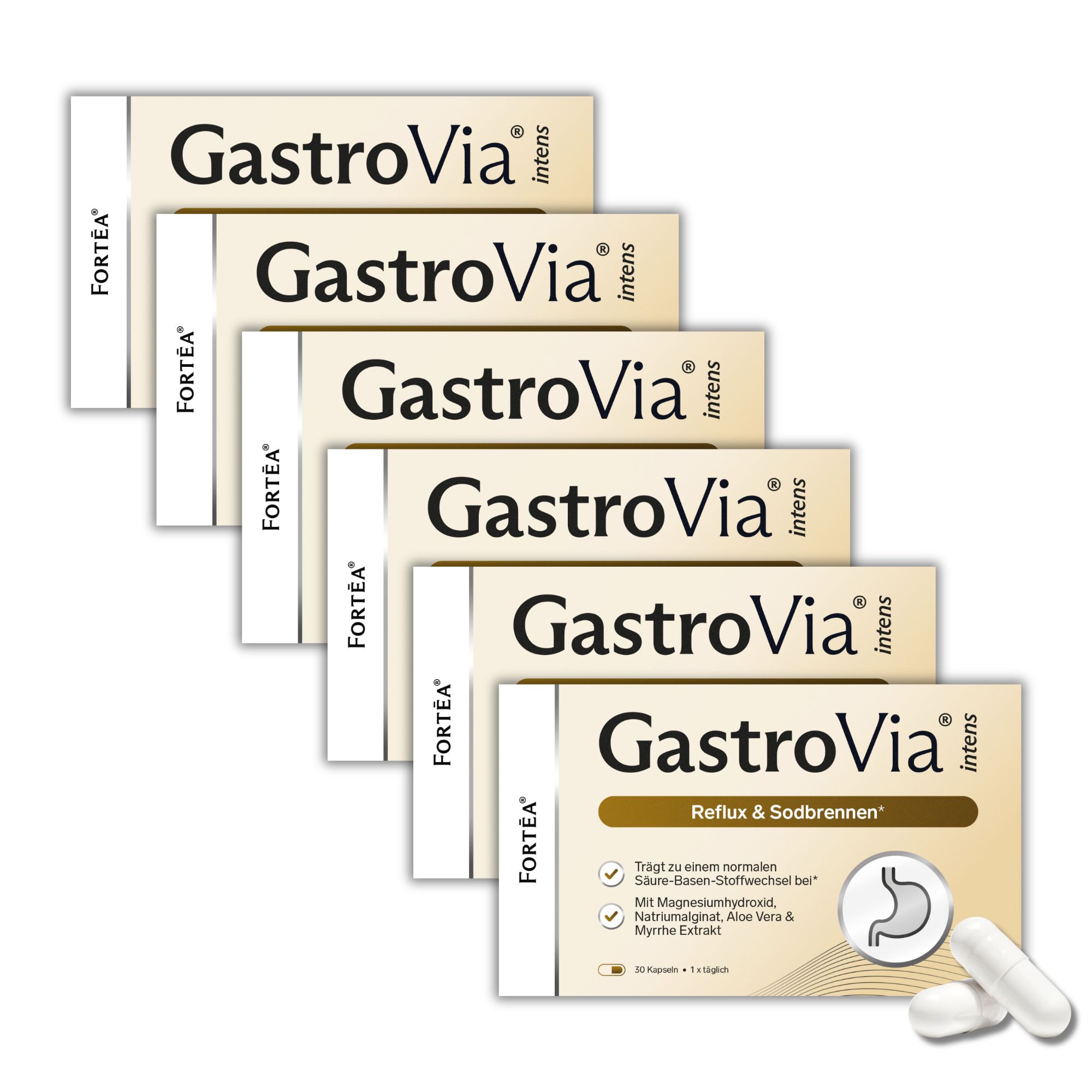 Sechs Packungen GastroVia® intens Reflux & Sodbrennen, gestapelt.