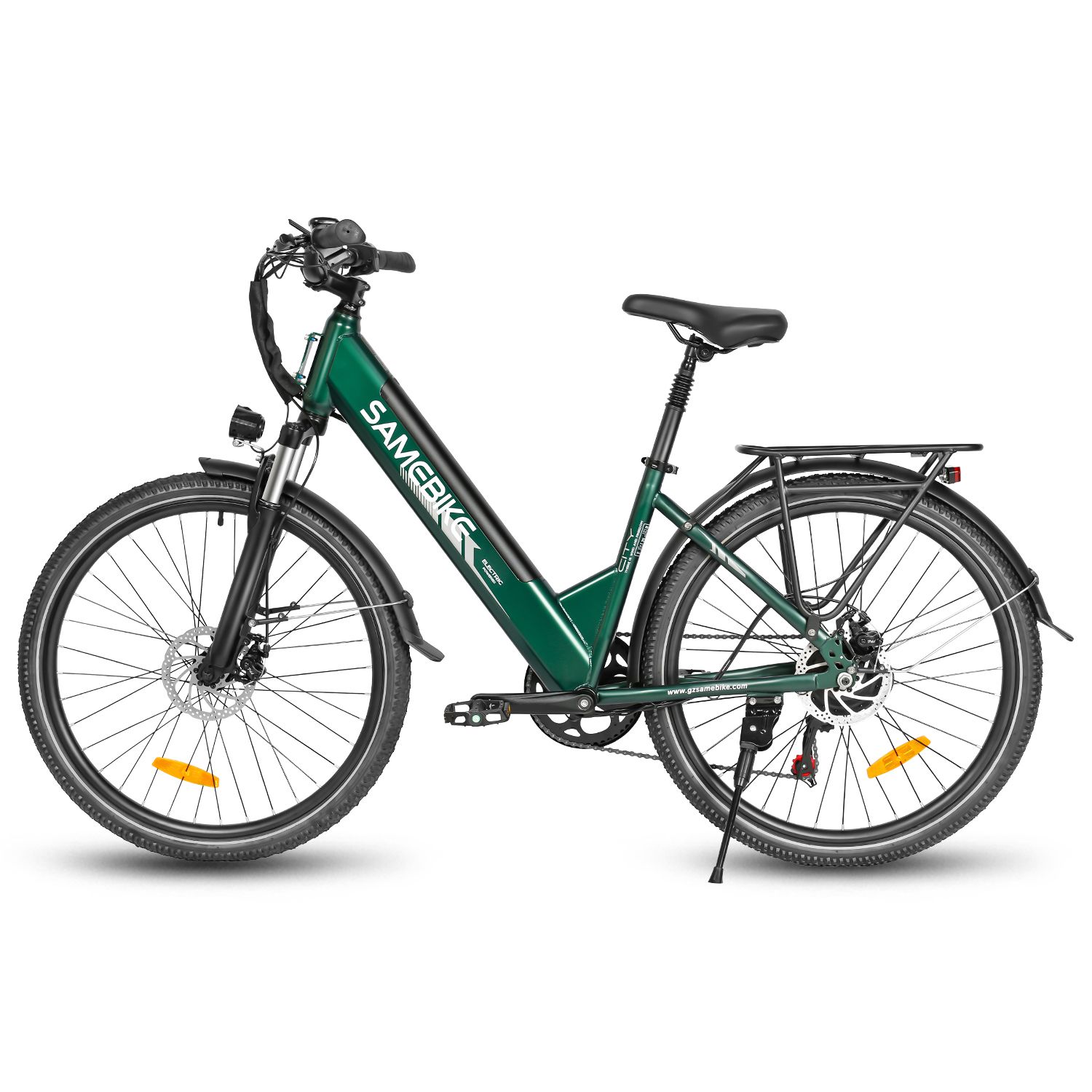 Grünes E-Bike. Marke SAMEBIKE. Schwarze Reifen, Gepäckträger, Scheinwerfer. 36V 15Ah Batterie.