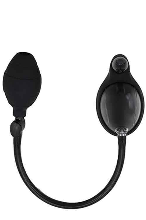 Schwarze Vagina-Pumpe mit zwei kugelförmigen Elementen, verbunden durch einen gebogenen Schlauch.