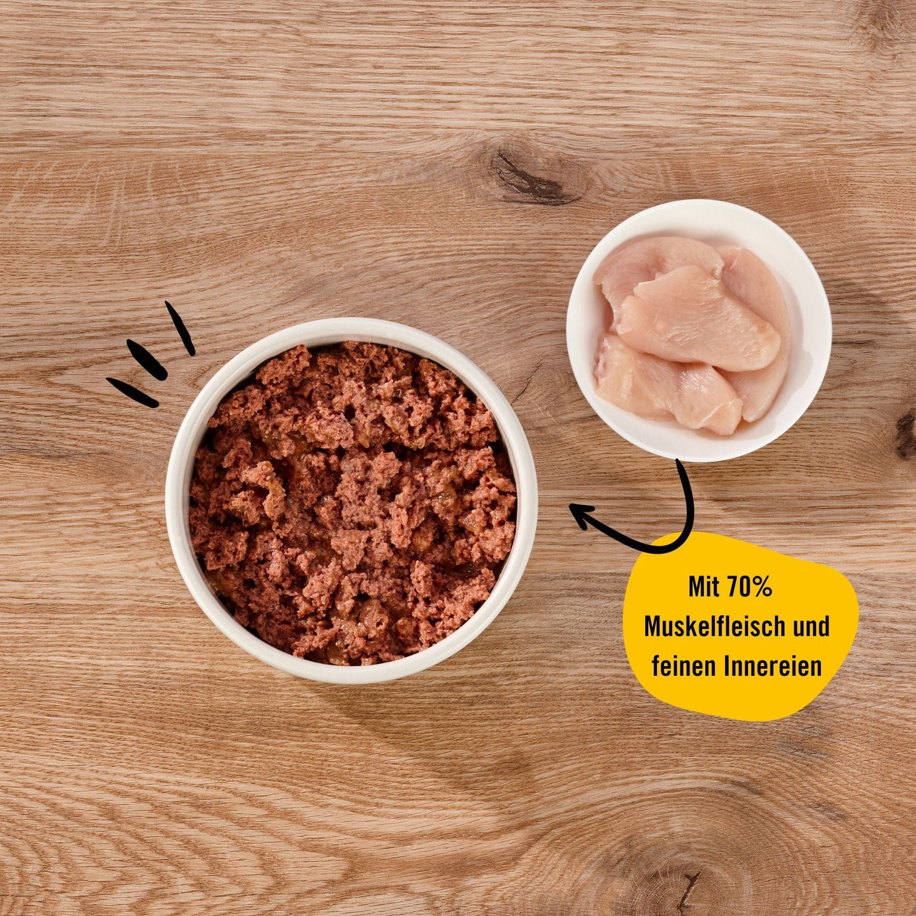 Zwei Schalen mit Katzenfutter und Hühnerfleisch. Text: "Mit 70% Muskelfleisch und feinen Innereien".