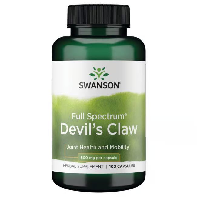 Grüne Flasche mit schwarzem Deckel. Aufschrift: SWANSON, Full Spectrum Devil's Claw, 500 mg pro Kapsel, 100 Kapseln.