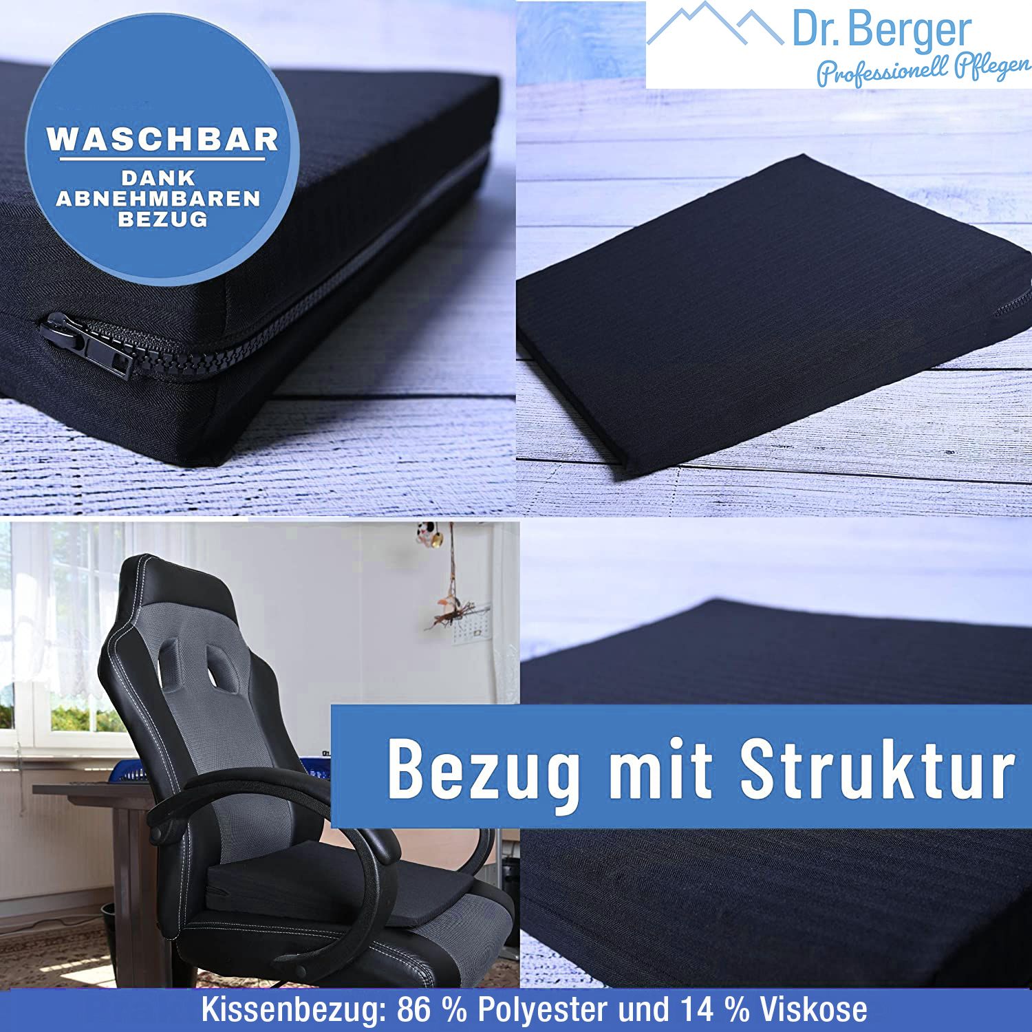 Collage: Kissen mit Reißverschluss, Kissen von oben, Kissen auf Stuhl. Text: Bezug mit Struktur.