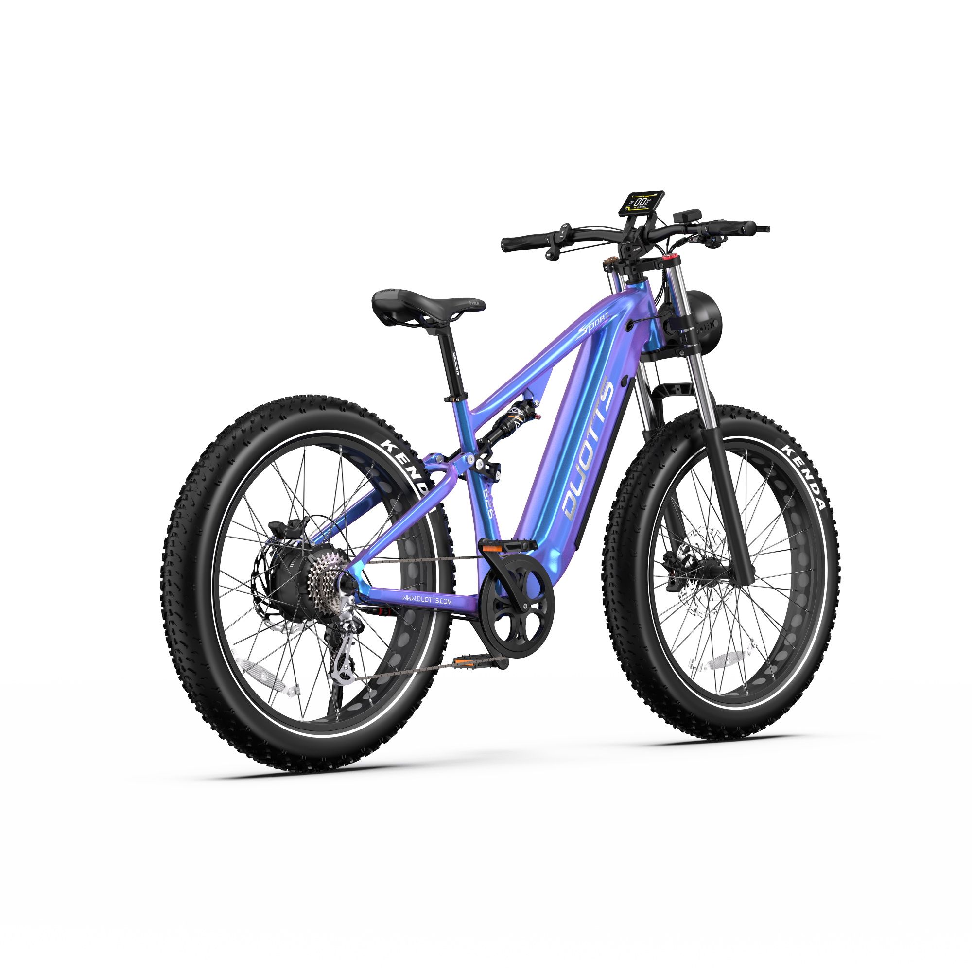 Elektro-Mountainbike mit Farbverlauf. Schwarze Reifen, Sattel und Lenker. DUOTTS-Logo am Rahmen. Scheinwerfer.