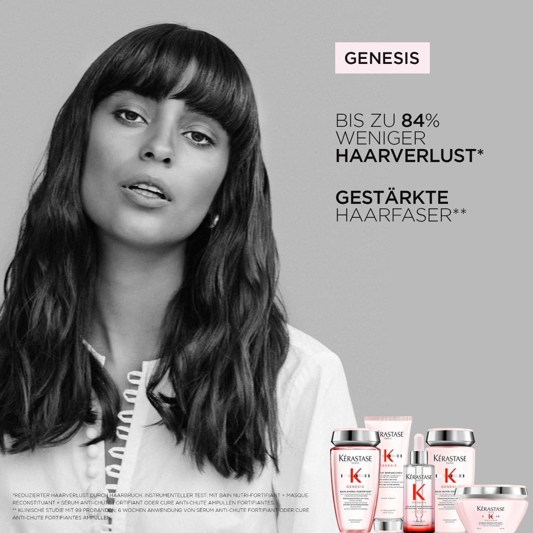 Frau mit langen, welligen Haaren. Text: Bis zu 84% weniger Haarverlust, gestärkte Haarfasern. Produkte der Genesis-Serie im Hintergrund.
