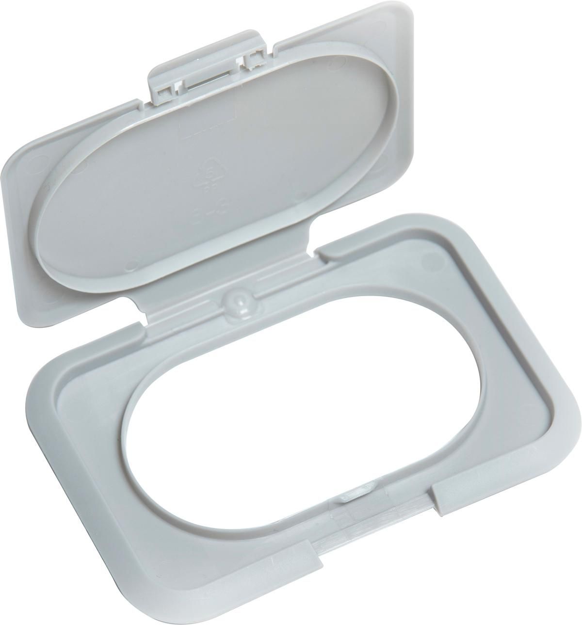 Grauer, rechteckiger Feuchttücherdeckel mit abgerundeten Ecken. Deckel geöffnet, ovale Öffnung. 