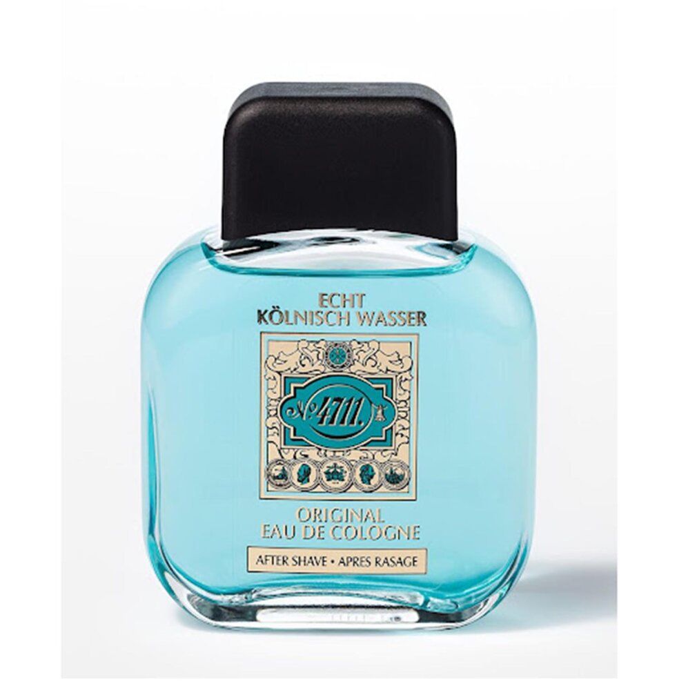 Hellblaue Flasche mit schwarzem Deckel. Etikett mit '4711' Logo und Text 'Eau de Cologne Après Rasage'.