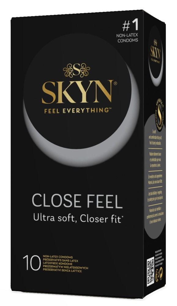Schwarze Schachtel. SKYN Close Feel. 10 Kondome. Ultra soft, Closer fit. Nicht-Latex Kondome.