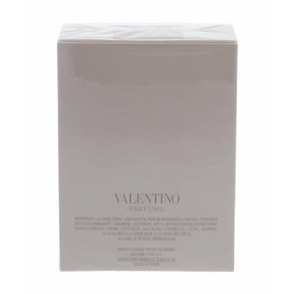 Valentino Parfums Verpackung. Rückseite der Verpackung mit Inhaltsstoffen und Herstellerinformationen. Weißer Hintergrund.