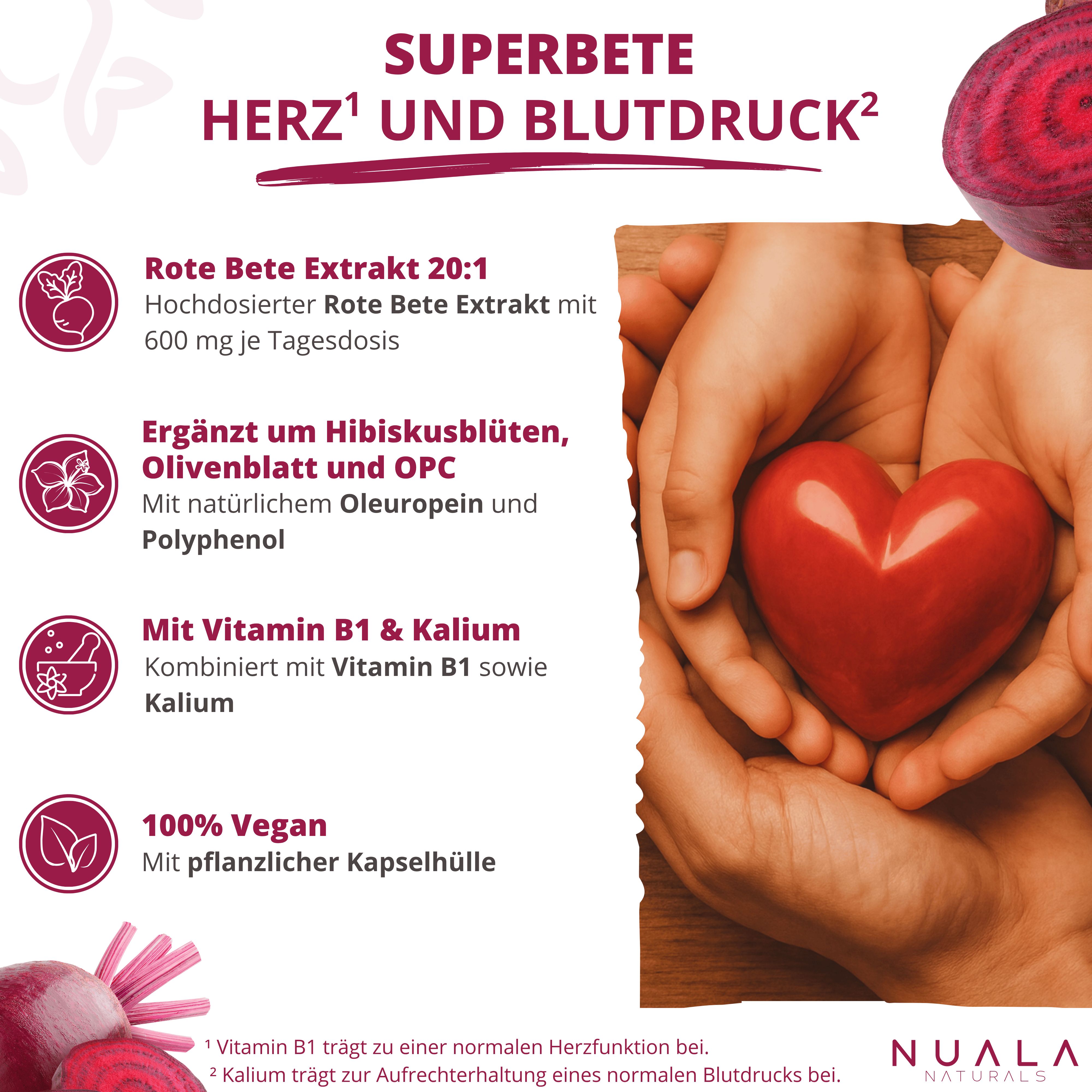 Hände halten ein rotes Herz. Text: Rote Bete Extrakt, Hibiskusblüten, Olivenblatt, OPC, Vitamin B1 & Kalium. 100% vegan.