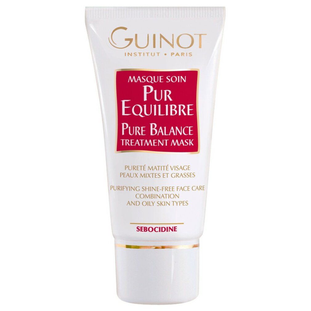 Weiß-rote Tube mit Produktnamen und Markennamen. Text: Masque Soin Pur Équilibre, Pure Balance Treatment Mask.
