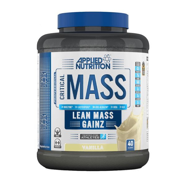 Dose mit blauem Deckel. Aufschrift: Applied Nutrition, Critical Mass, Lean Mass Gainz. Geschmack: Vanille. 40 Portionen.