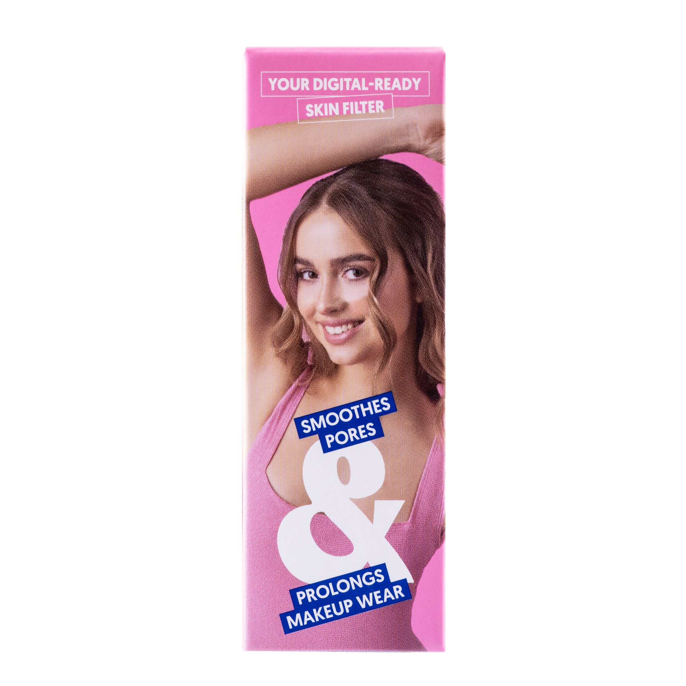 Verpackung für A.N.D.beauty Blue Light Shield Ultimate Primer mit Frau und Text zu Glättung und Haltbarkeit.
