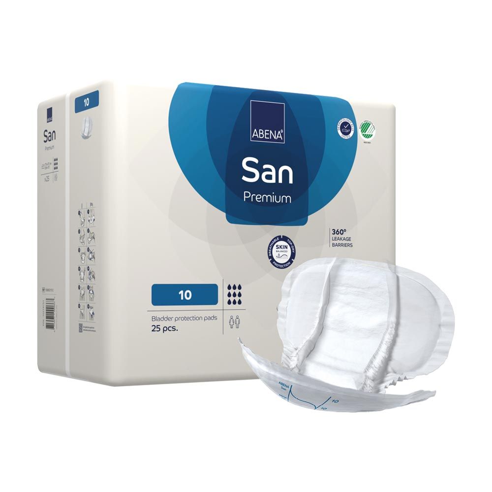 Verpackung ABENA San Premium Vorlagen. Weiß mit blauem Logo. Vorlage daneben. Aufdrucke: 10, 25 Stück, 360° Auslaufschutz.