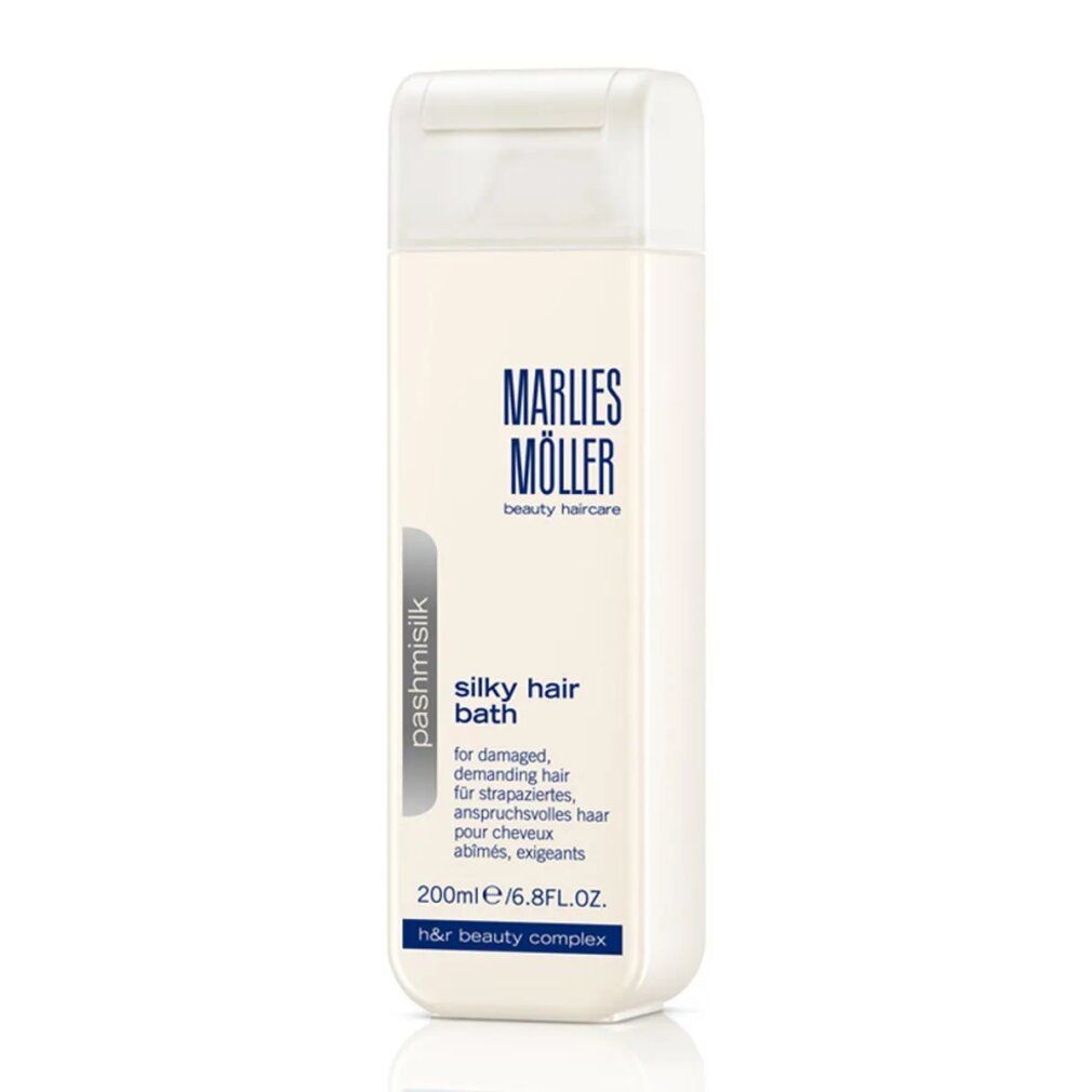 Rechteckige Flasche, weiß. Aufschrift: Marlies Möller, Pashmisilk Silky Hair Bath. 200ml/6.8FL.OZ. H&R beauty complex.