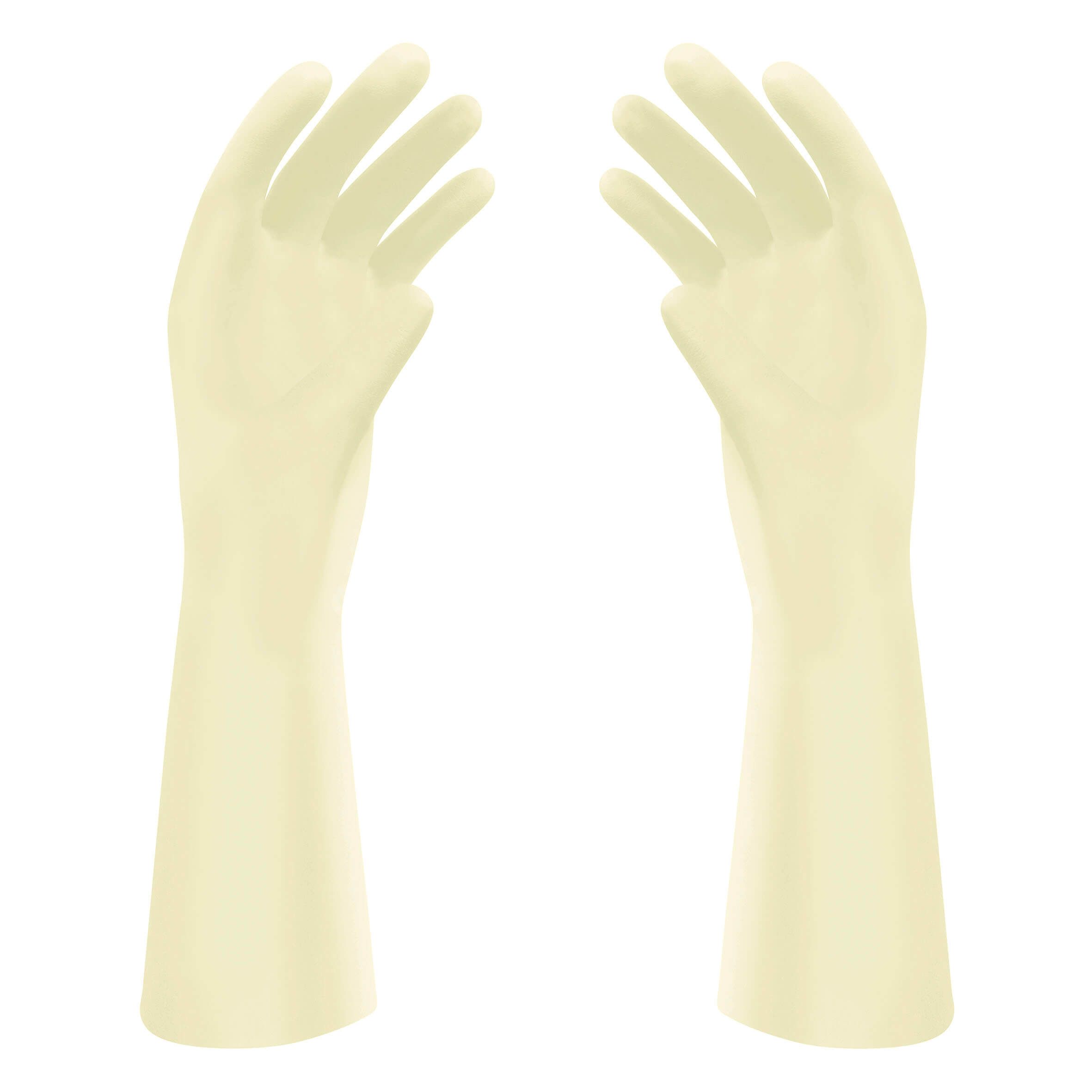 Zwei cremefarbene Latex-Handschuhe. Lange Stulpe, fünf Finger. Auf weißem Hintergrund.