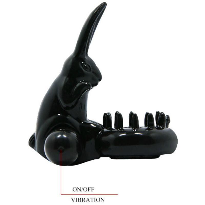 Schwarzer Vibrationsring mit Hasen-Design. Ring mit Noppen, Hase mit Ohren. Text: ON/OFF VIBRATION.