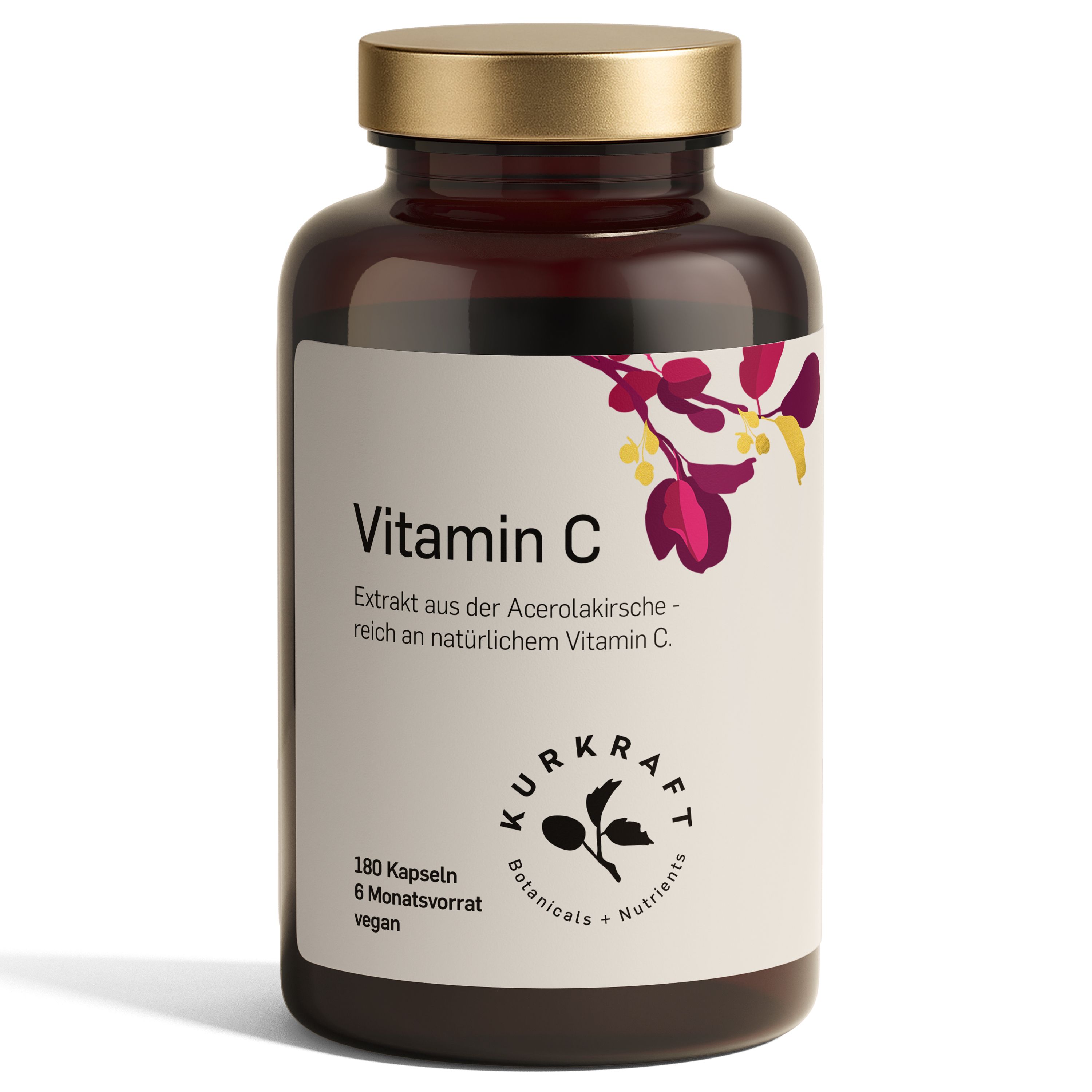 Braune Glasflasche mit goldfarbenem Deckel. Etikett mit Produktname, Vitamin C, und Kurkraft-Logo. 180 Kapseln, vegan.